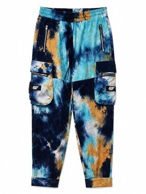Sole Boy Unisex Tie Dye Cargo Pants Blue Multi Pocket Streetwear Size S